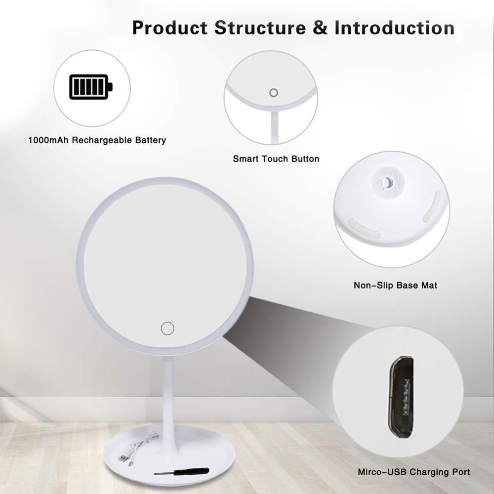 Espejo de maquillaje redondo con luces LED para mujer, iluminación de aumento de 360, espejo cosmético con luz nocturna