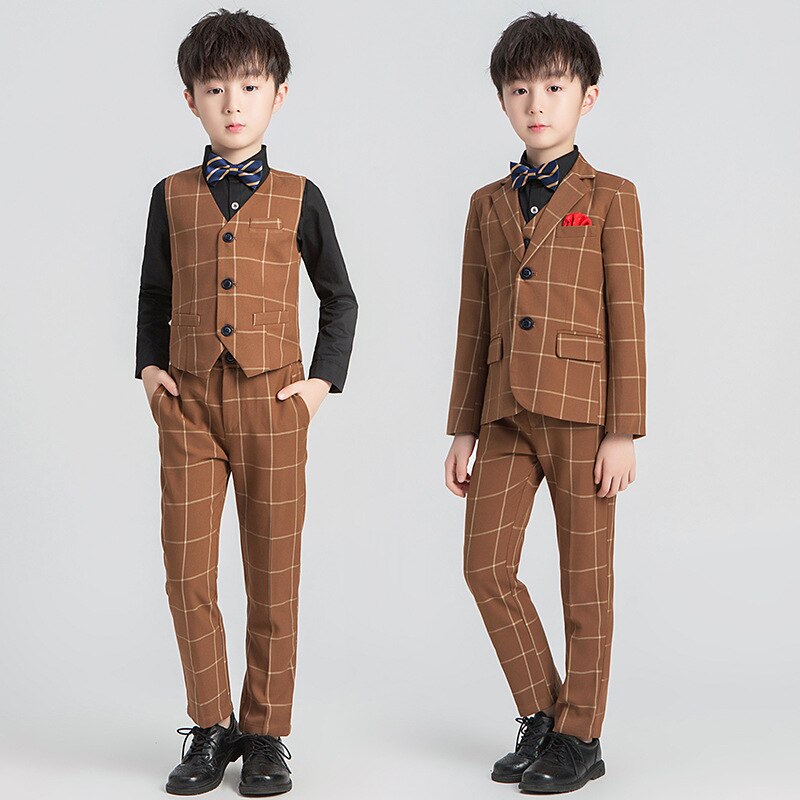 Formal Boys Slim Suits Sets Children Performance Party Wedding Costume Kids Boys Plaid Blazer Vest Trousers Bowtie Clothing Set