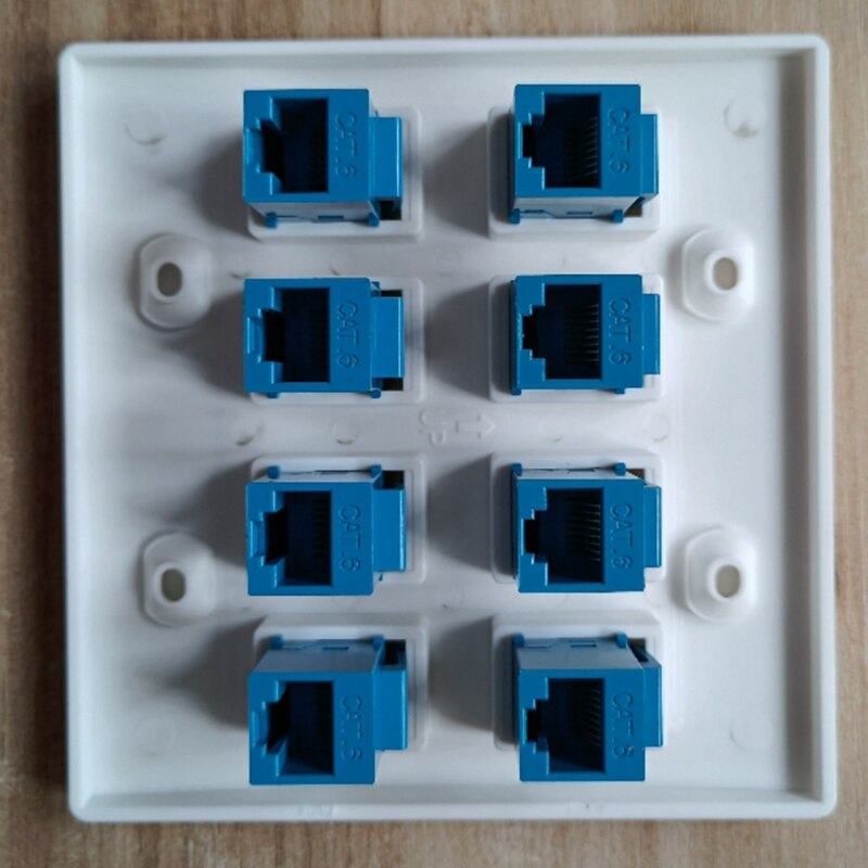Ethernet Wall Plate 8 Port - Double Gang Cat6 RJ45 Keystone Jack Network Cable Faceplate Female to Female - Blue
