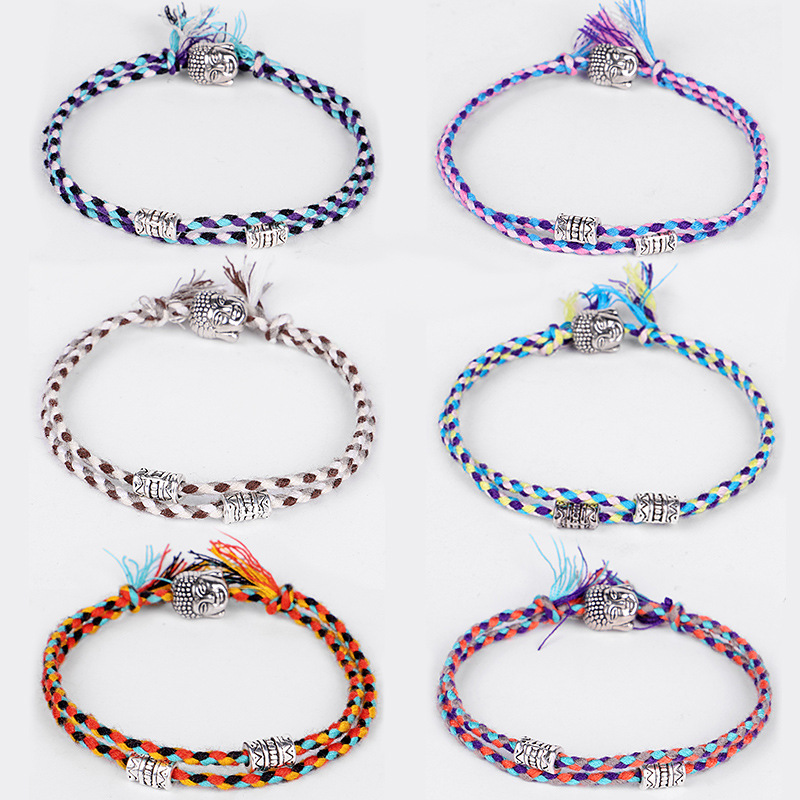 Pulseras y brazaletes de hilo de amuleto tejido con cabeza de Buda tibetana para mujeres y hombres, pulsera de amistad con dije de Buda de cuerda hecha a mano,