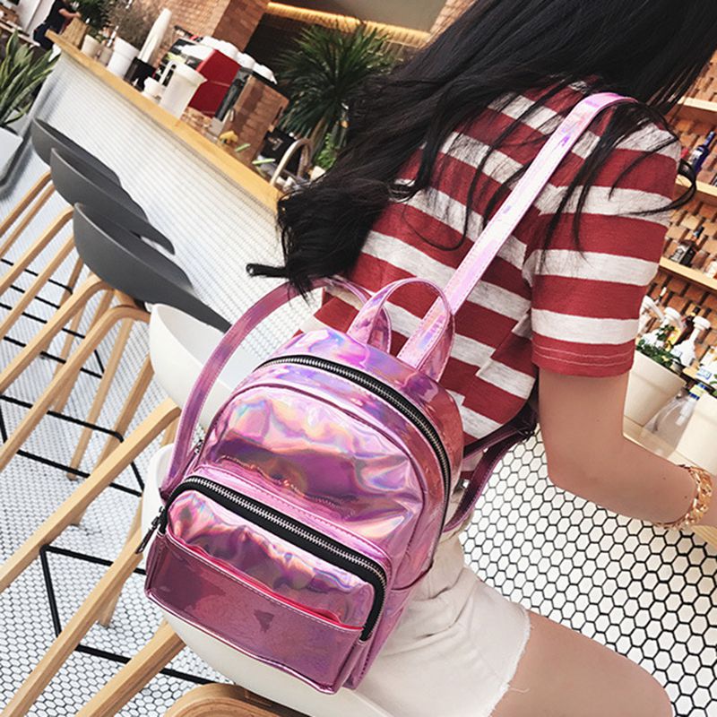 Holografisk läderryggsäck för tjejer rosa mini ryggsäck för kvinnor
