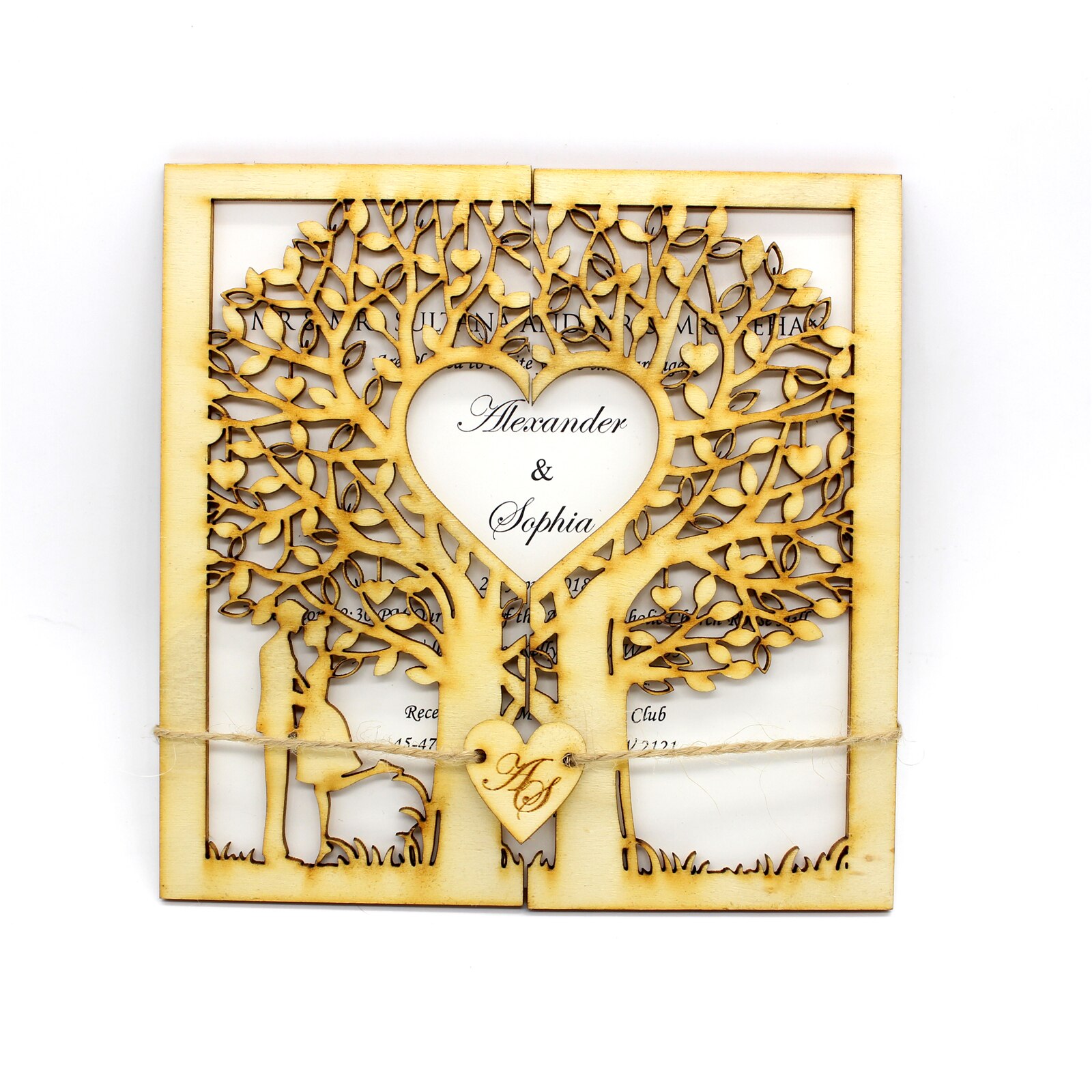 10 styks rustik bryllupsinvitation, træinvitation, papirinvitation, udskåret træ, livets træ, graveret hjerte, monogram