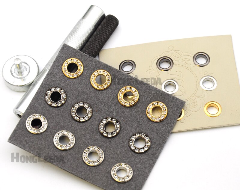DIY 1 sets hand press tools + 100sets/lot 3colors 12mm round metal brass rhinestone eyelets glass grommets