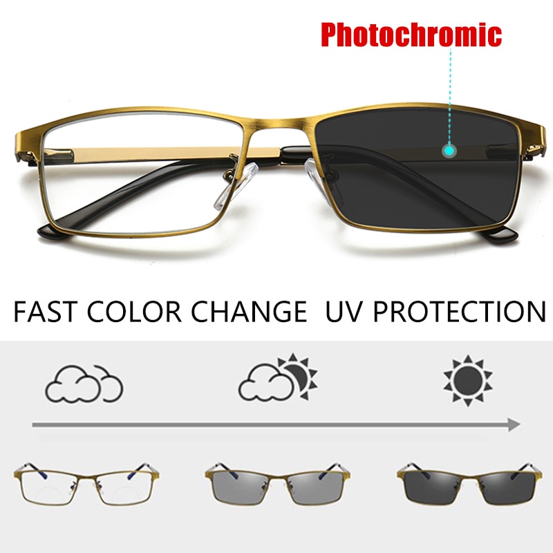 Bifocal Reading Glasses for Men Metal Full Frame Presbyopic Glasse Farsightedness Anti Blue Light Photochromic Uv Protection