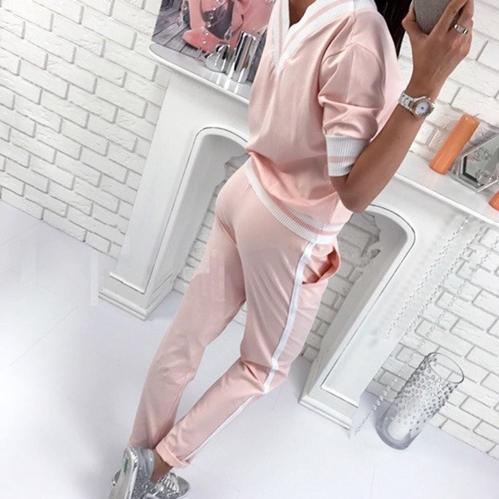 Women Sport Suit Pink Stripe Fitness Running Jogging Suit Autumn Long Sleeve V-neck Loose Gym Sweatshirt+Pants Sportswear