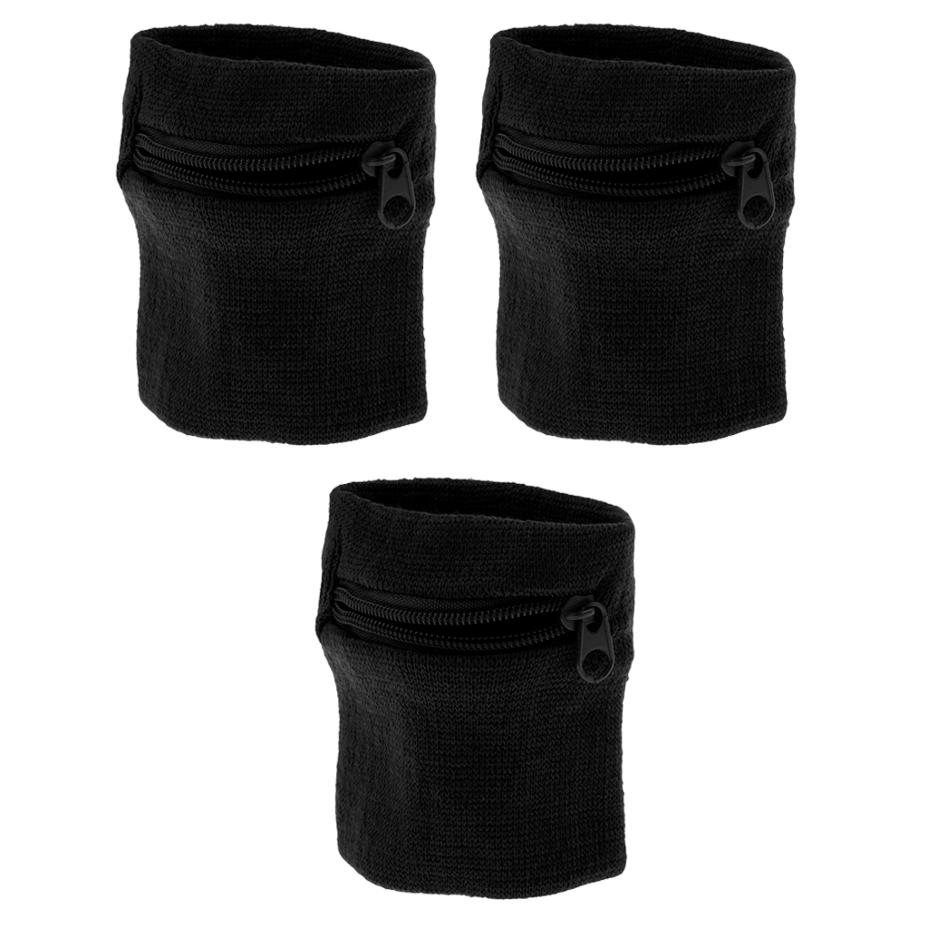 Pakke  of 3 sports tykt ensfarvet armbånd med lynlås/håndledspung (sort) - behagelig og ydeevne