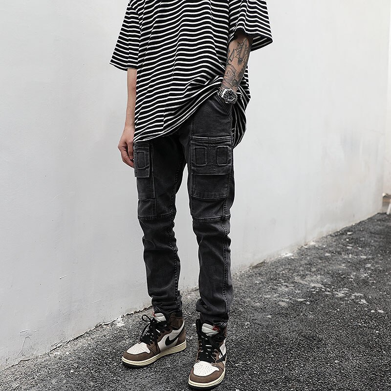Harajuku hoch Straße Schwarz Grau strecken Jeans Männlichen retro Gewaschen Multi-tasche Denim Hosen Hüfte hüpfen Zerrissene Jeans Hosen Overall