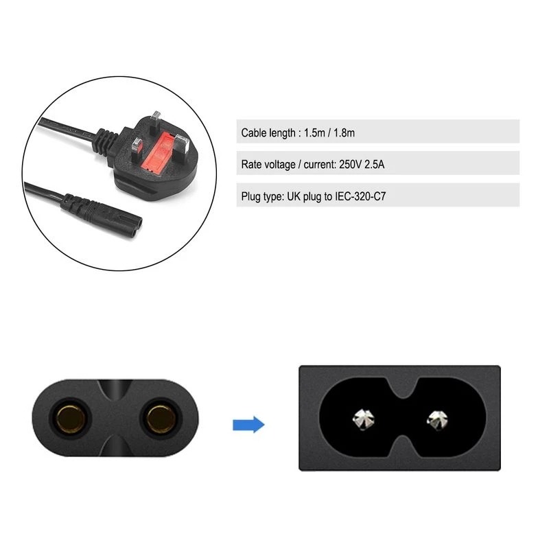 PHOMAX 2-Prong Pin AC Power Cord 1 M Cable EU/US/UK Plug Lead Wire Power Cord For Desktop Laptop TV Printer Camera