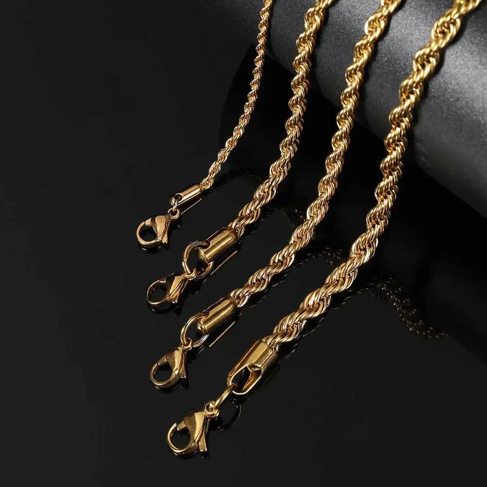 Pulsera de cadena de acero inoxidable de 2-6MM para mujeres y hombres, brazalete de cadena de cuerda trenzada de Color dorado, joyería resistente al agua que nunca se decolora