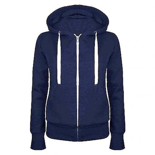 Lässige damen einfarbig langarm hoodie Winter warm reißverschluss kapuzenpullover: Dunkelblau / M