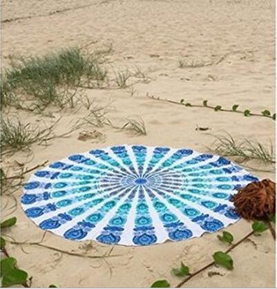 Toalla de playa redonda de gasa y poliéster de 150cm, junto al mar para vacaciones Toalla de playa, chal de baño, Toalla de baño con estampado de cola real grande para playa: sky blue circle / Polyester 150x150cm