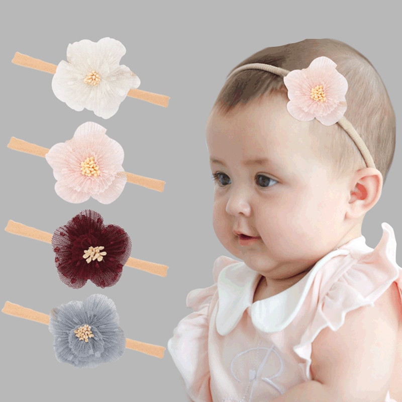 Peral Baby Hoofdbanden Bloem Voor Meisjes Handgemaakte Bundel Nylon Elastische Haarband Baby Haarband Hoofdtooi Pasgeboren Haaraccessoires