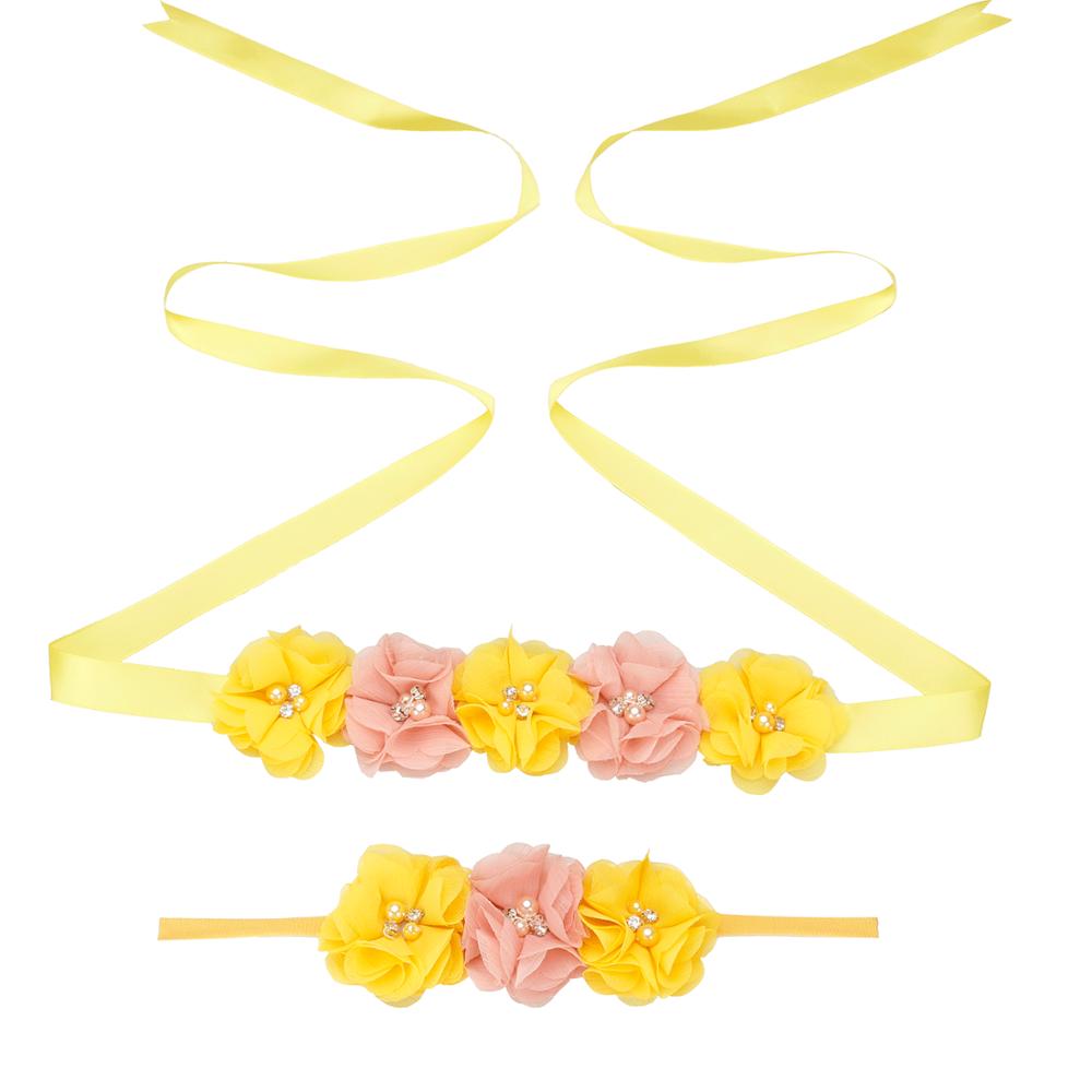 Nuevos cinturones de flores de cinta de seda cinturones de fajín de señora niña con niños Chiffon flor diadema accesorios de boda decoraciones: yellow pink