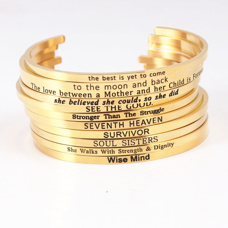 Trend Quotes Mantra Bracelets 316L Stainless Steel Open Cuff Bangle Women Gold Inspirational Jewelry Bracelets