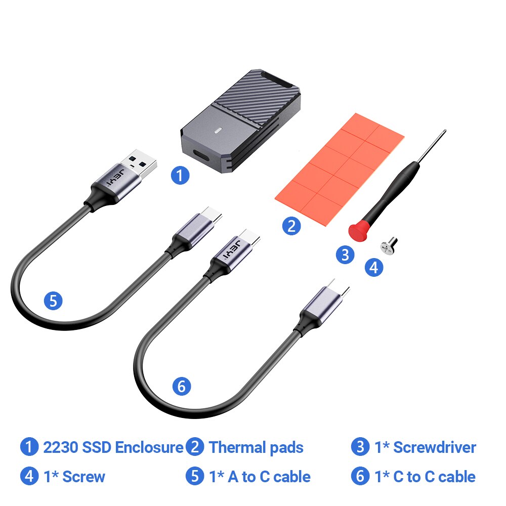 JEYI 2230 NVMe SSD Enclosure, PCIe USB3.2 10Gbps Aluminum M.2 Case Portable External Solid State Disk Box Supports UASP TRIM