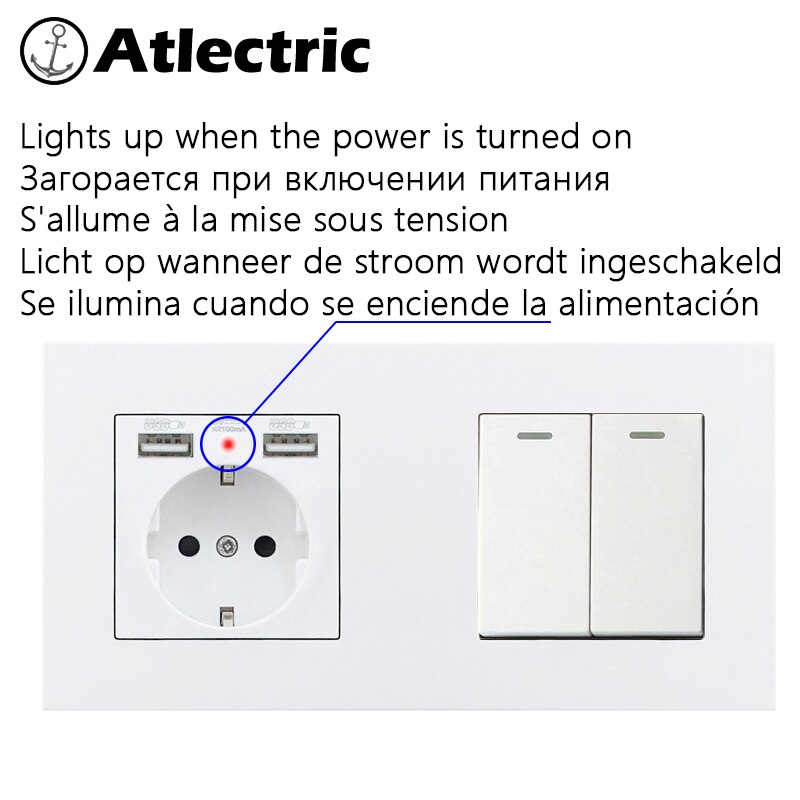 Atlectric DE EU RU Plug Wall Socket With LED Indicator Dual USB, RJ45, TV Port Double Socket Power Outlet Metal Panel 146mm*86mm