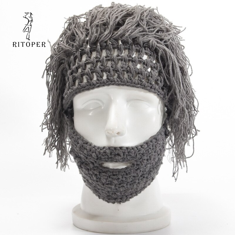 RITOPER Wig Beard Hats Hobo Mad Scientist Caveman Handmade Knit Warm Winter Caps Men Women Halloween Funny Party Beanies