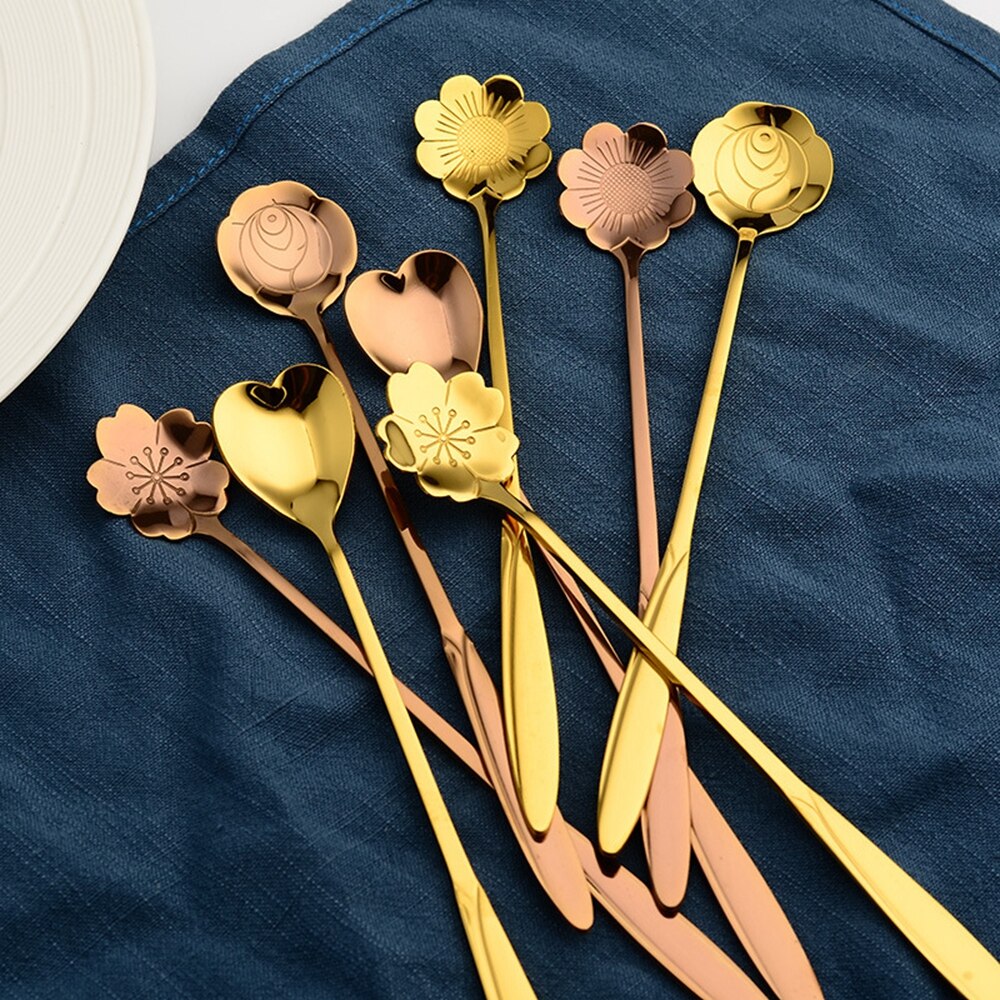 Rustfrit stål ske blomster guld ske lang håndtag sukker dessert teske bar cafe service