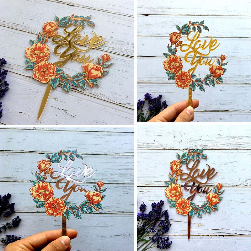 Love You Acrylic Wedding Cake Topper Rose Gold Letter Flower Anniversary Cake Flags for Valentine's Day Cake Decoration Supplies