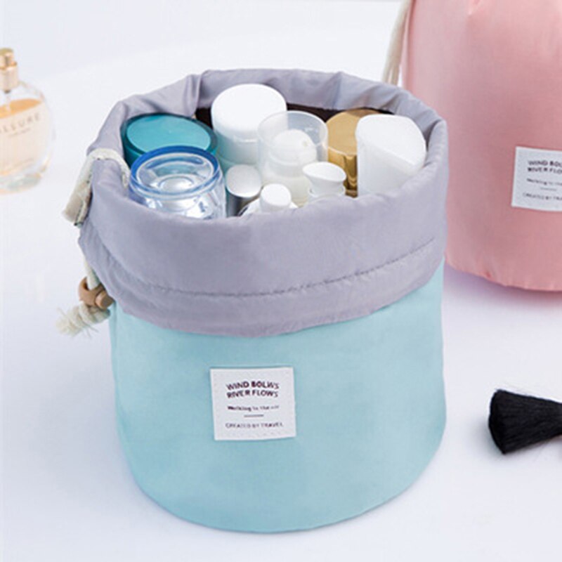 Beautician Barrel Shaped Travel Cosmetic Bag Nylon High Capacity Drawstring Drum Wash Bags Makeup Organizer Storage
