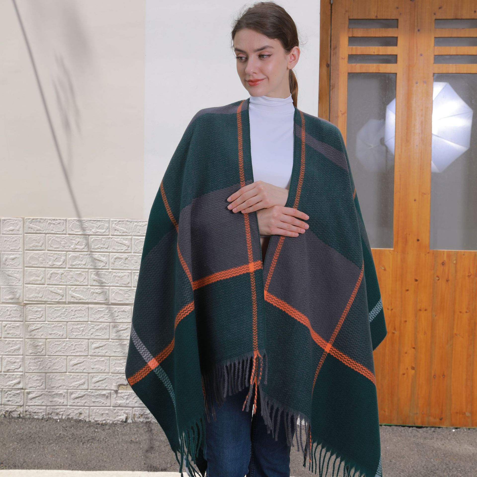 Autumn Winter Warm Tassel Cardigan Poncho Cape Blanket Women Knitted Jacquard Striped Outerwear Shawl Cloak
