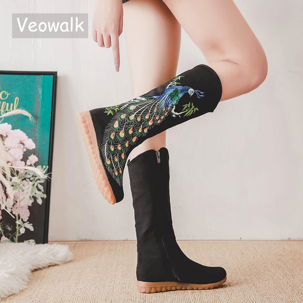 Veowalk Herfst Oude Beijing Pauw Pailletten Katoen Geborduurde Vrouw Casual Mid Laarzen Dames Platform Canvas Schoenen Botas Mujer