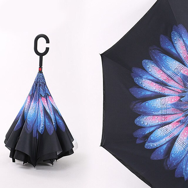 JPZYLFKZL Freies stil Kreative Lange Schaft Doppel Schicht Invertiert Regenschirm Winddicht Reverse C-Haken männlichen golf regenschirm reverse: Black