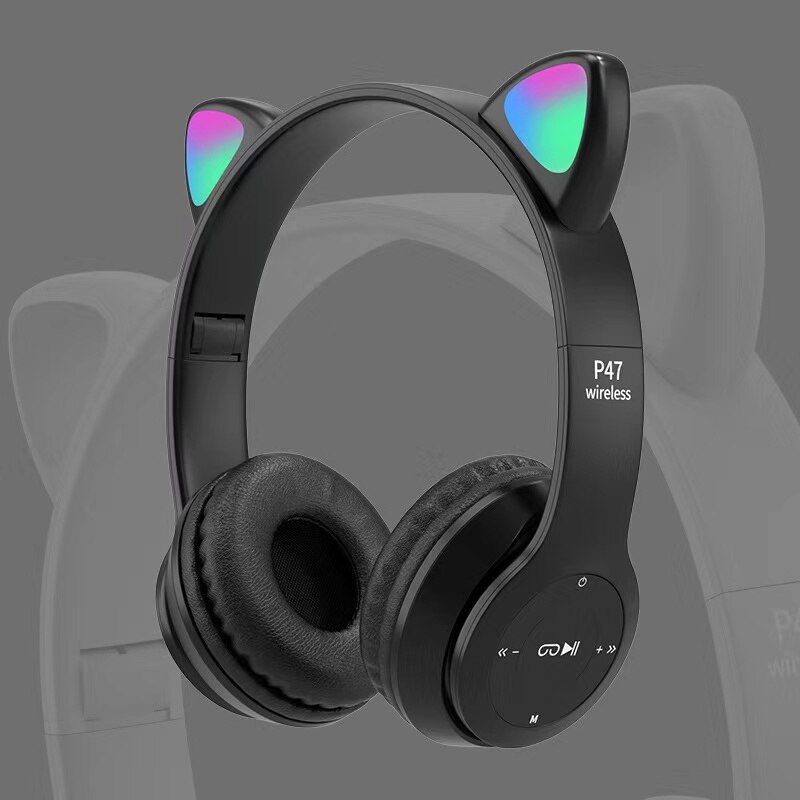 Leuke Kat Oren Bluetooth Draadloze Hoofdtelefoon Met Microfoon Kan Controle Led Kid Meisje Stereo Muziek Helm Telefoon Headset: Black