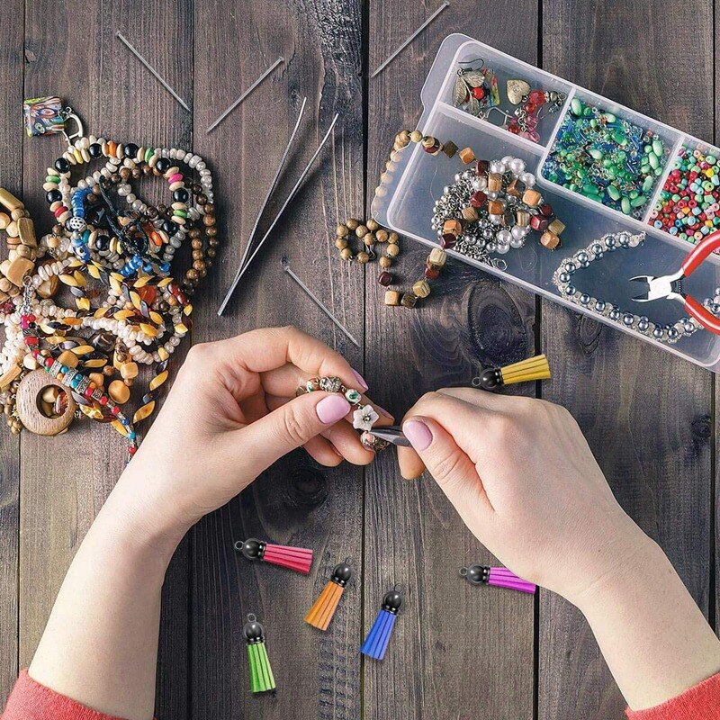Kit de borlas para llavero, borla de cuero, dijes y anillos para hacer joyas, llaveros, pulseras y manualidades DIY, 120 Uds.