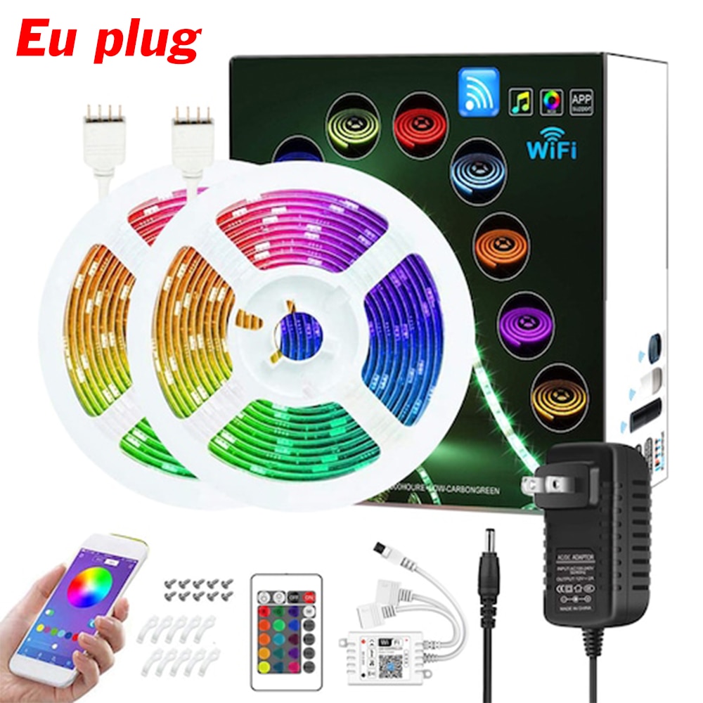 Ledet fleksibel lysstrimmelapplikation 5050 rgb vandtæt 10m wifi smart fjernbetjening dæmpning farve lysstrimmel strømforsyningssæt -2x