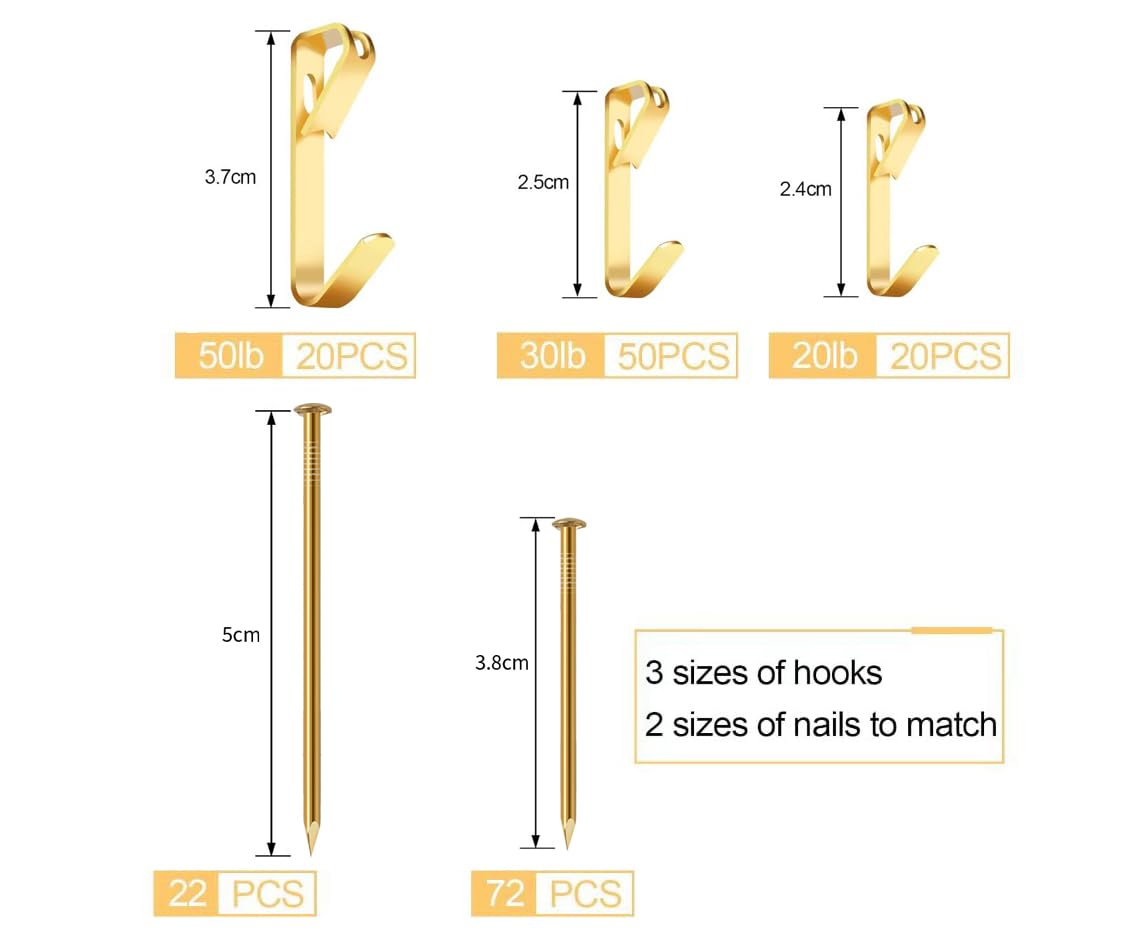 184-delige foto-ophangset, 20 pond, 30 pond en 50 pond fotohangers, goudkleurige metalen metalen foto-ophanghaken met spijkers
