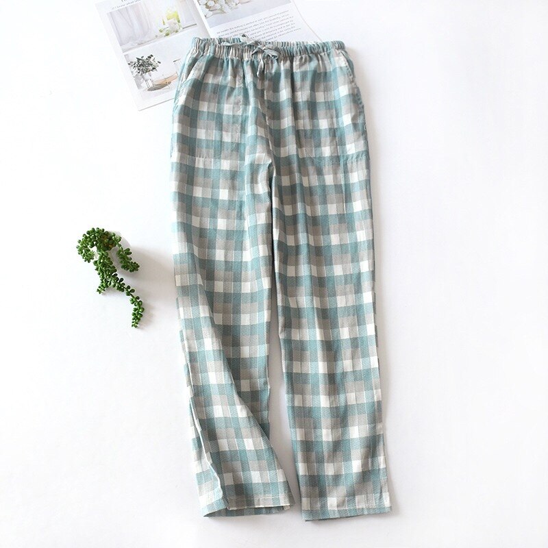 Comfort Gauze Cotton Lovers Plaid Sleep Bottom Thin Loose Men And Women Full Length Pants Spring And Autumn Soft Homewar Bottom: Men Green / L