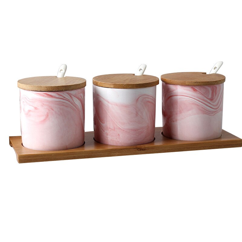 3 stk / sæt krydderkrukke nordisk marmor mønster keramisk salt sukker peber shaker krydderiboks køkken tilbehør opbevaringsflaske rack: Pink 3 billeder