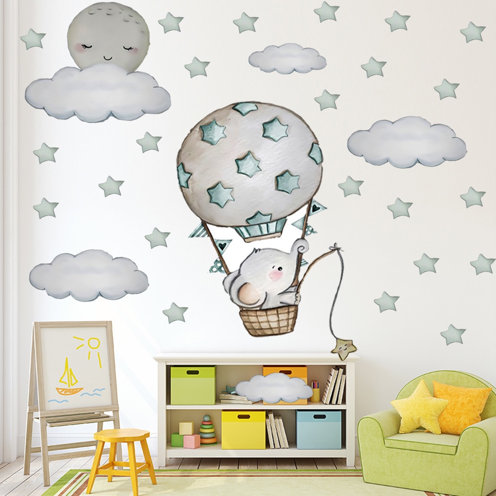 Hand Geschilderd Cartoon Luchtballon Olifant Muurstickers Voor Kinderkamer Babykamer Vinyl Milieuvriendelijke Muurstickers Home Decor
