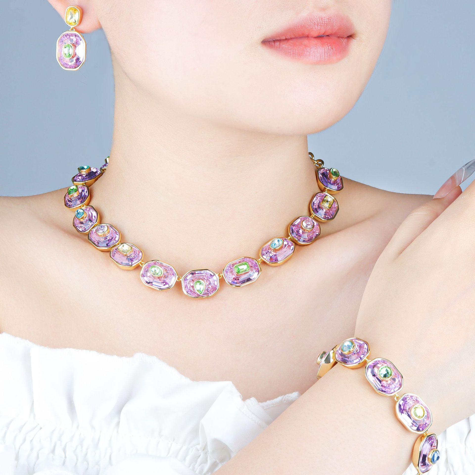 Set di gioielli in cristallo per donna, collana, orecchini e bracciale, collezione di alta gamma