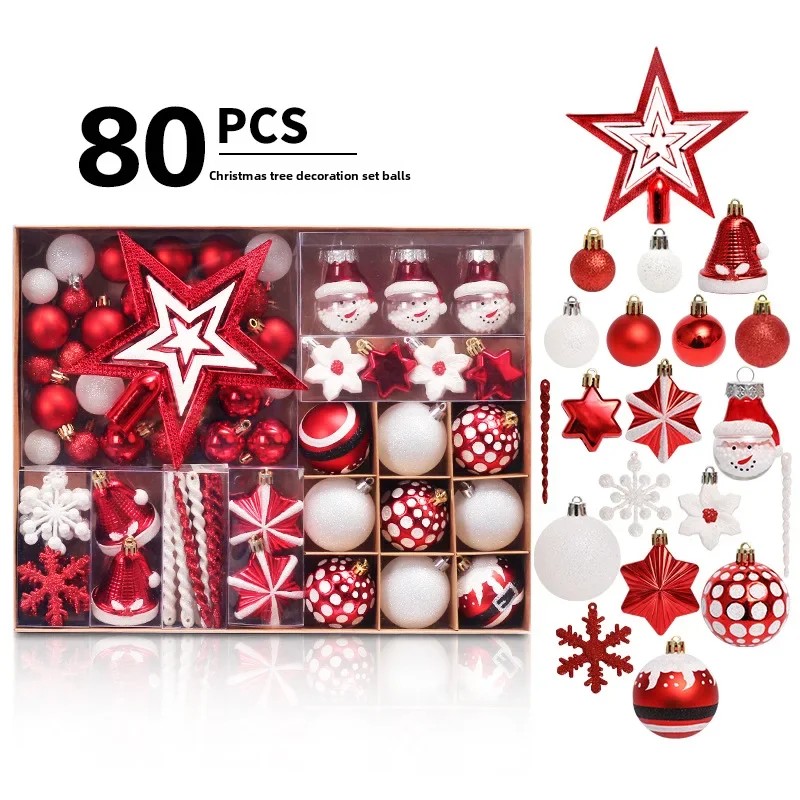 80 pçs/set novas decorações de natal árvore superior estrela bola de natal pintado caixa de presente conjunto decorações de árvore enfeites de natal