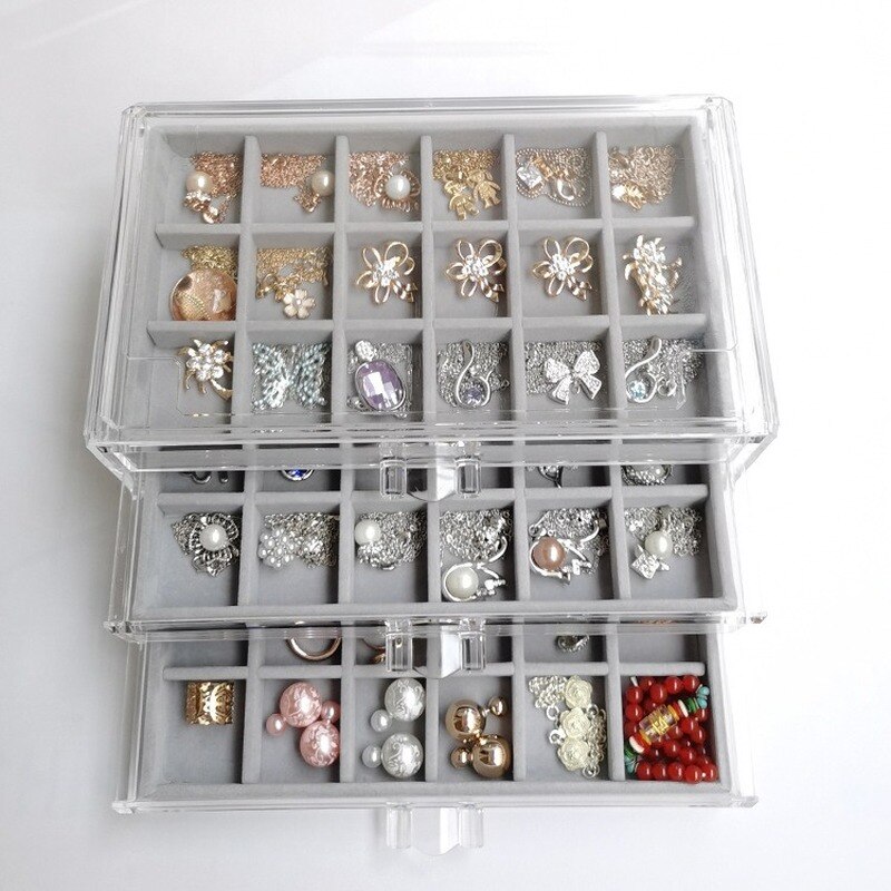 Three-drawing Multi-cell Acrylic Flannel Storage Box Jewelry Necklace Finishing Box Earrings Ring Display Stand Flannel Tray