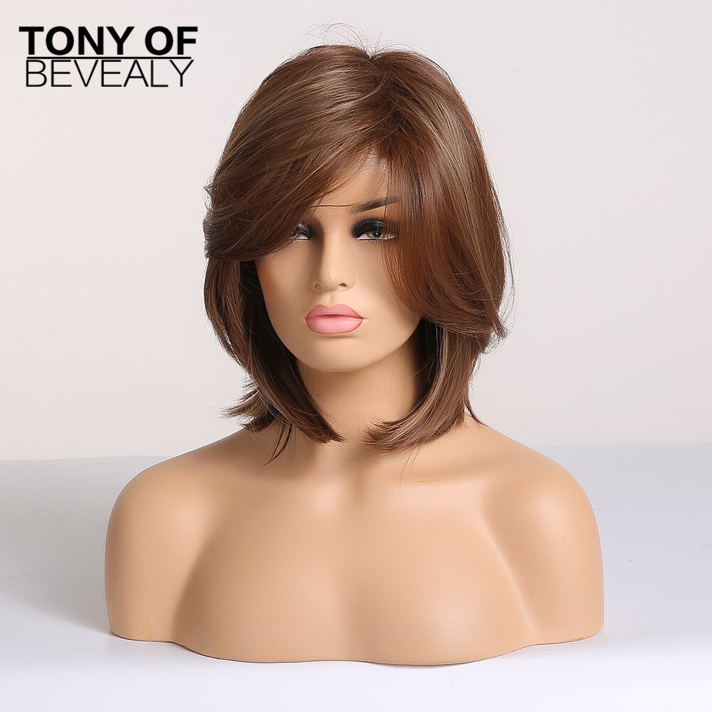 Bob corto-Peluca de cabello lacio Castaño para mujer, pelo sintético con flequillo, capas esponjosas, pelucas para uso diario, fibra resistente al calor