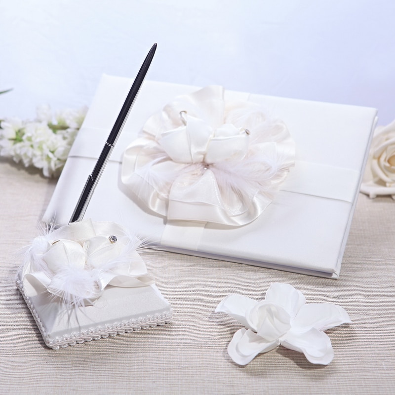 Ivoor Kleur Bloemen Sash Feather Wedding Gastenboek & Pen Set