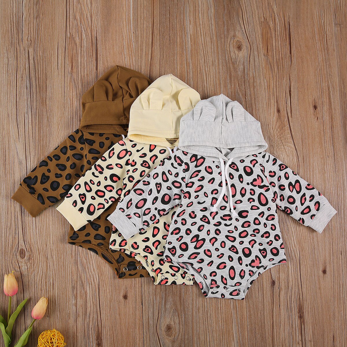 Peuter Baby Meisjes Jongens Oren Hoodie Jumpsuits Pak, Baby Lange Mouw Bodysuit, luipaard Afdrukken Hoodie Lente Herfst