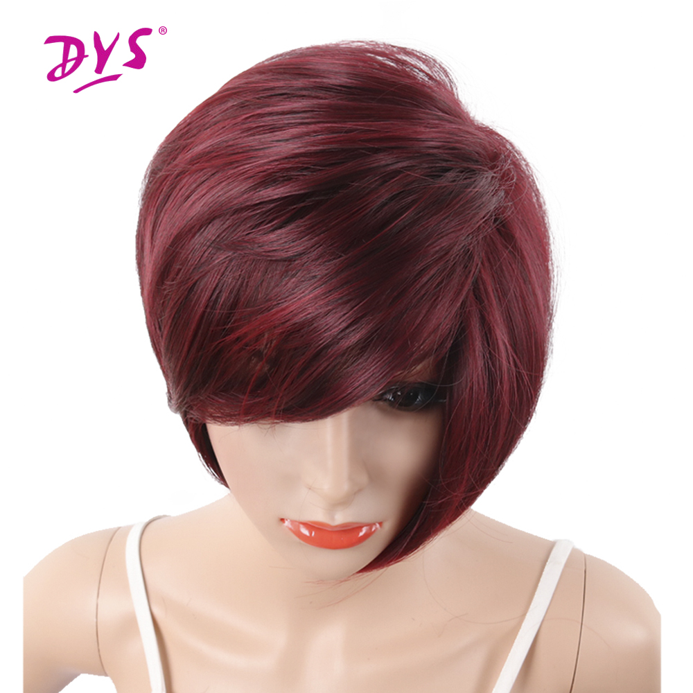 Deyngs vino rojo corto corte Pixie sintético pelucas para mujeres negras con flequillo lateral recta Natural resistente al calor peluca completa
