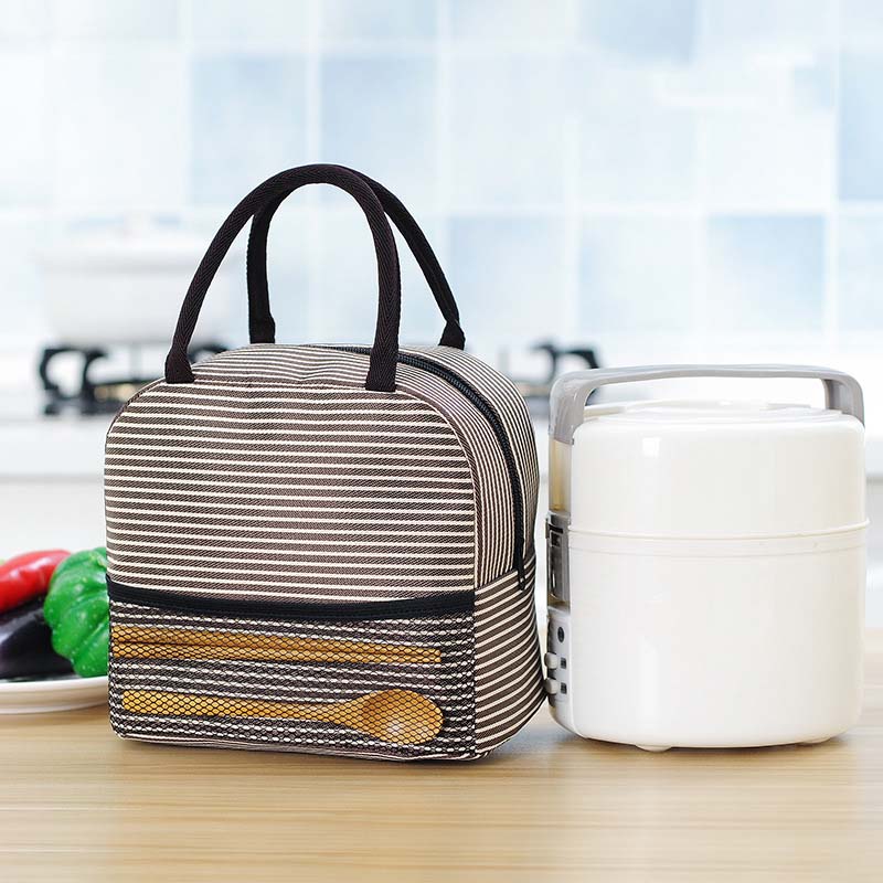 Bolsa térmica a rayas para niños, bolsas de almuerzo térmicas de aislamiento, portabotellas impermeable Madeira, Bolsa de almacenamiento de alimentos, Hobos: Coffee New Striped