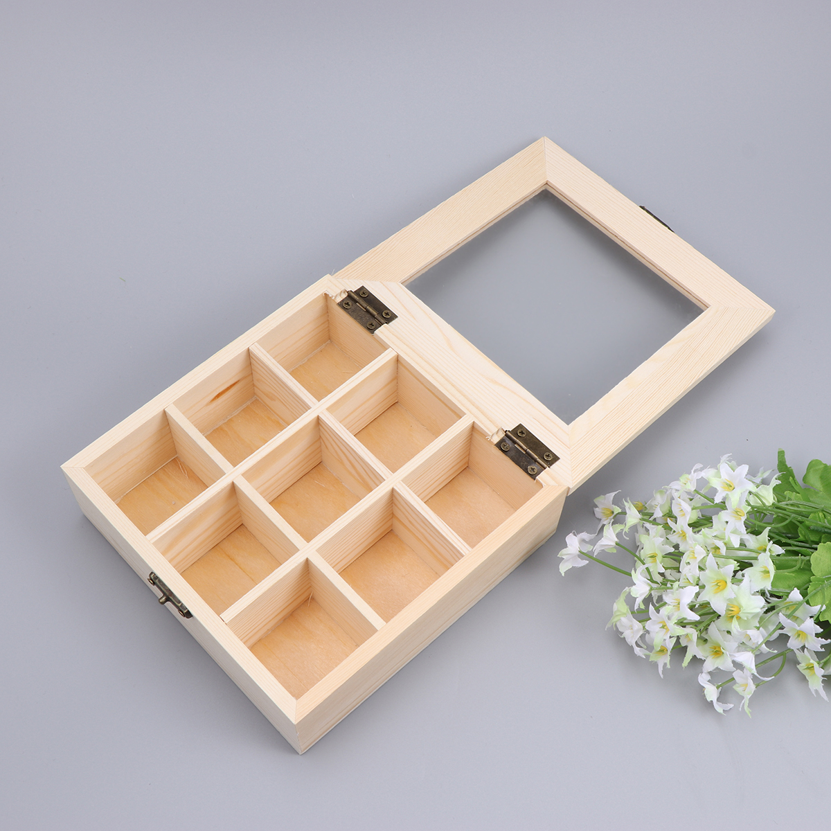 Coffee Storage Box Organizer Wooden Tea Box with 9-Compartment and Glass Window Tea Coffee Display Case Tea Bag Chest Letters