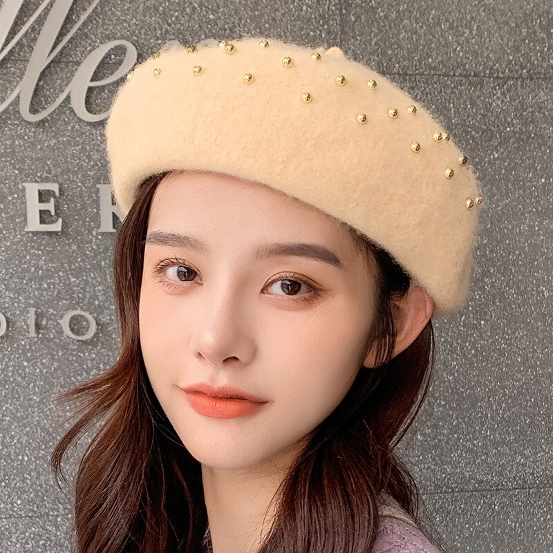 Femmes bérets métal clou perceuse laine couleur unie chapeaux femme Bonnet casquettes dames automne hiver marche chapeau Casquette: Beige