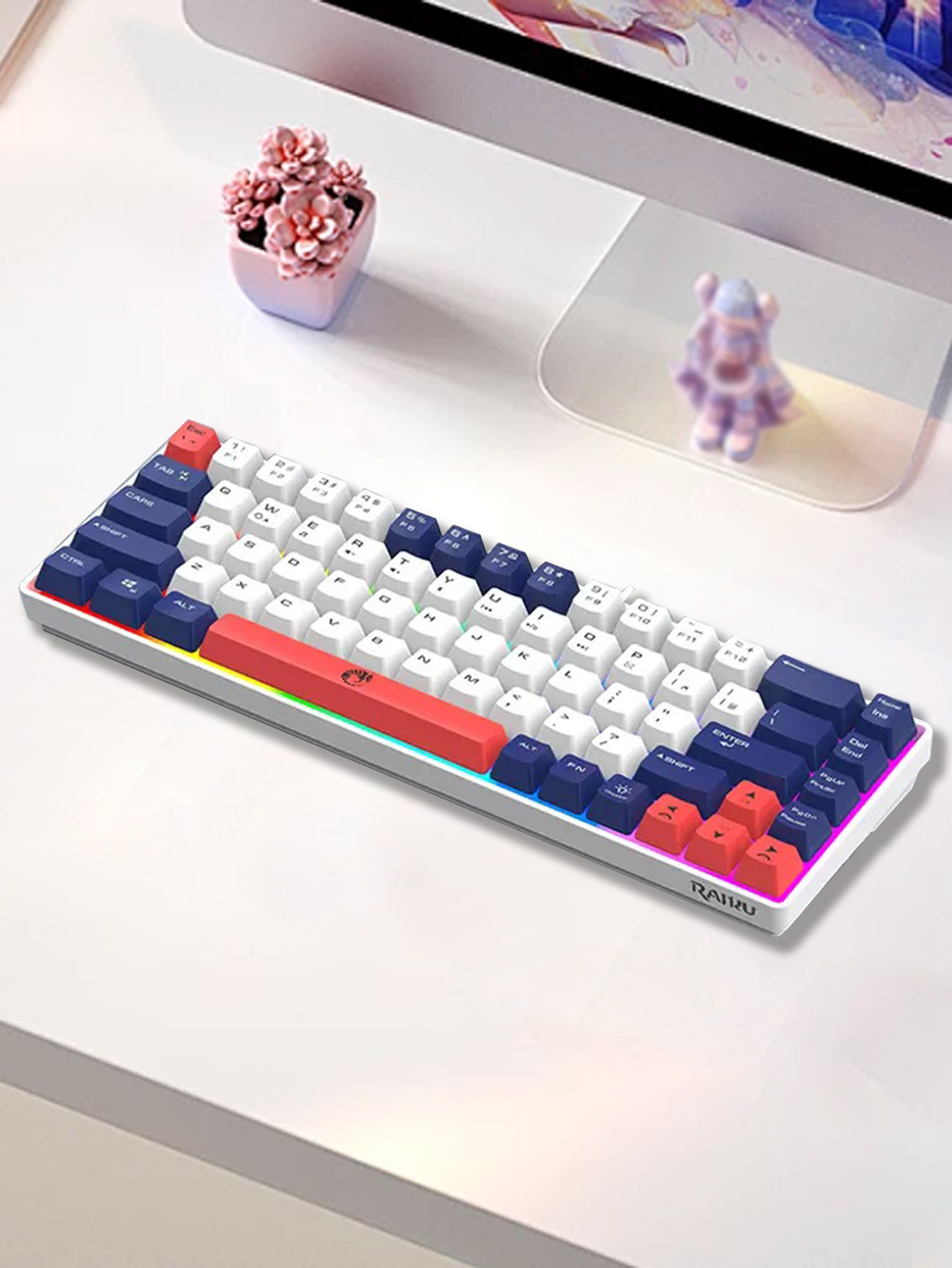Three-piece wired gaming keyboard, rainbow backlight, multimedia function, mechanical feel, suitable for office and gaming: Navy Blue