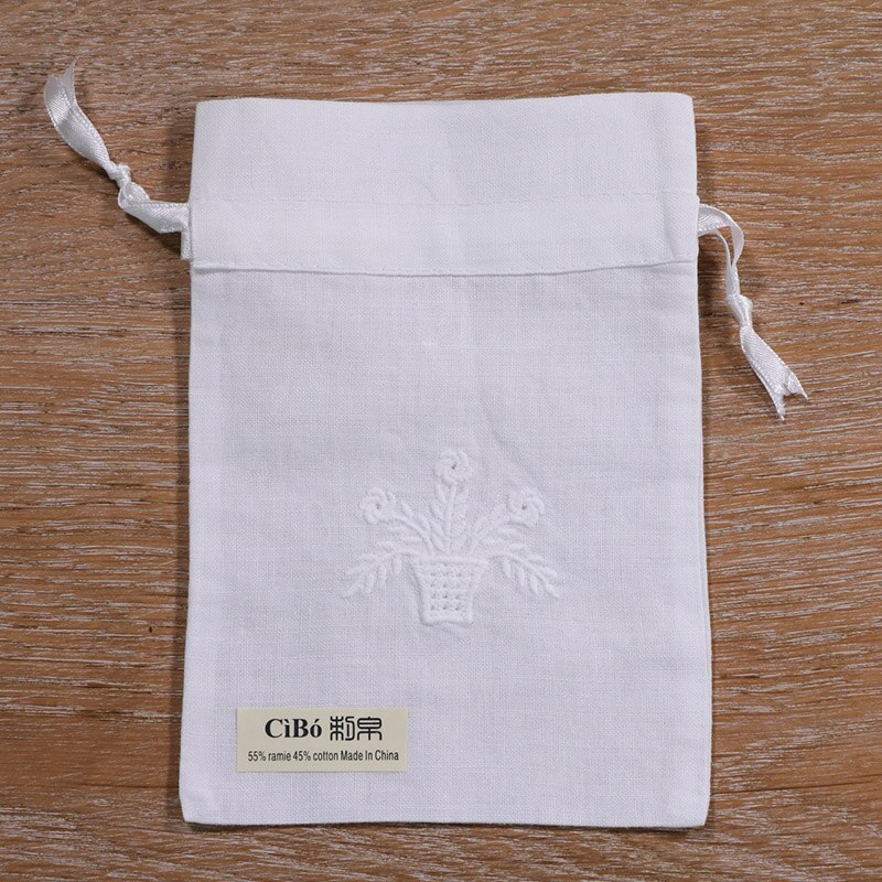B001 :white ramie/cotton drawstring embroidery bags, 5x7 inches sachet bags, travel pouch, linen bag