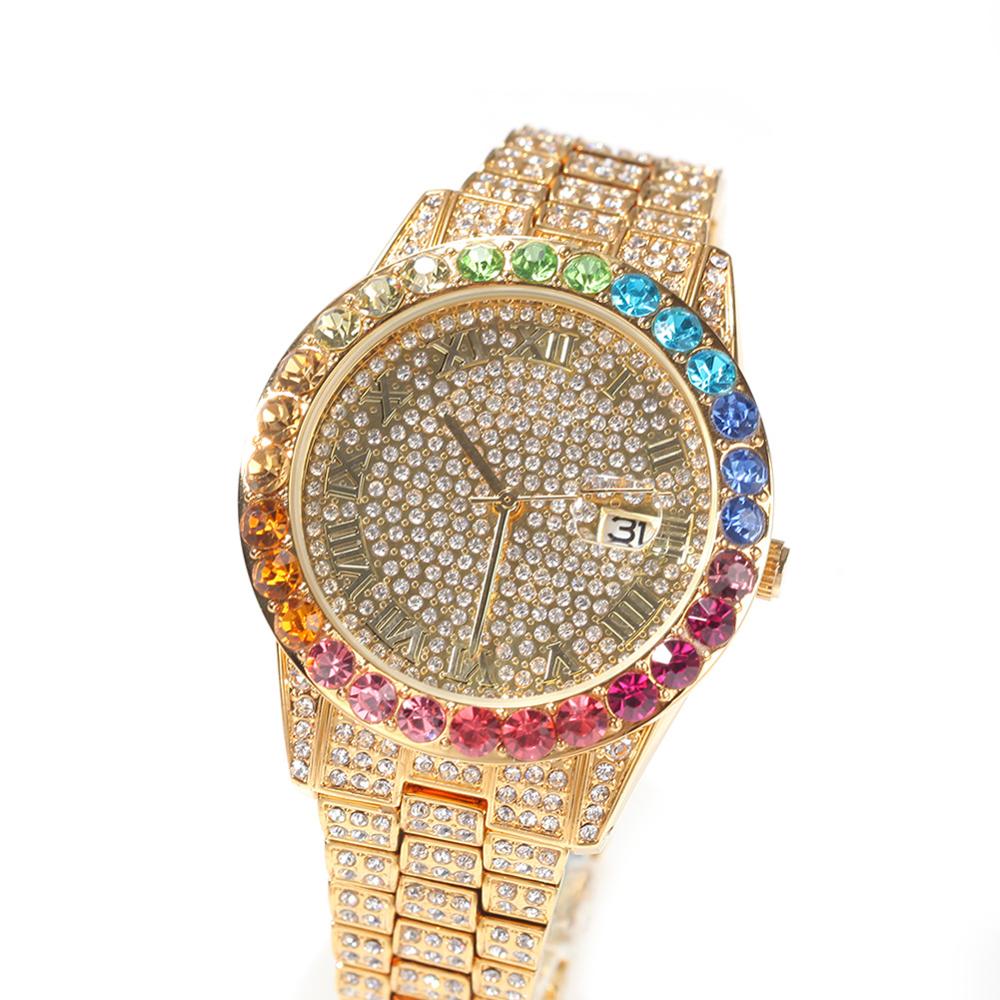 Inew Missfox Grote Rainbow Diamond Luxe Heren Horloges Top Luxe 18K Gold Mannen Horloge Luxe Iced Out quartz Wristwat