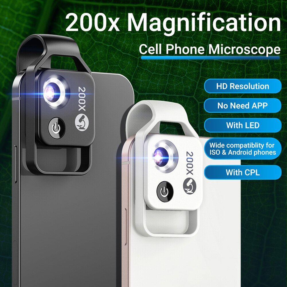 APEXEL 200X magnification microscope lens withCPL mobile LED Light micro pocket macro lenses for iPhone Samsung all smartphones