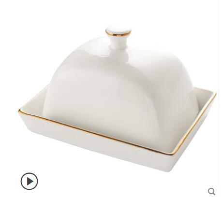 Solide hvide keramiske smørplader opbevaringsboks snackplade dessertplade med farve hvidt låg med guldkant: Guldkant
