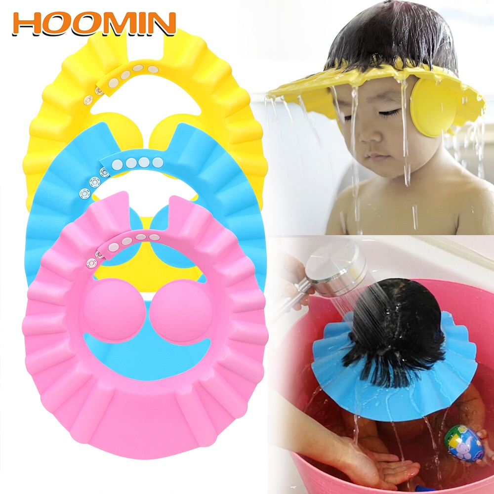 HOOMIN baño lavar el pelo gorra con protección para las orejas niños Cap champú gorros de ducha bebé ducha sombrero protector seguro suave sombrero ajustable